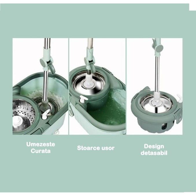 Set mop rotativ cu galeata Flippy, material plastic si microfibra, o rezerva inclusa, rezistent, cu dop scurgere, vas detasabil, orificiu pentru solutie, pentru interior, capacitate 8 l, verde-1