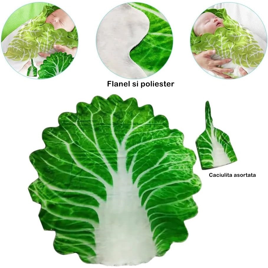 Set patura flanel si caciula Flippy, forma frunza de salata, pentru nou-nascuti, material poliester, 85 cm, verde-1
