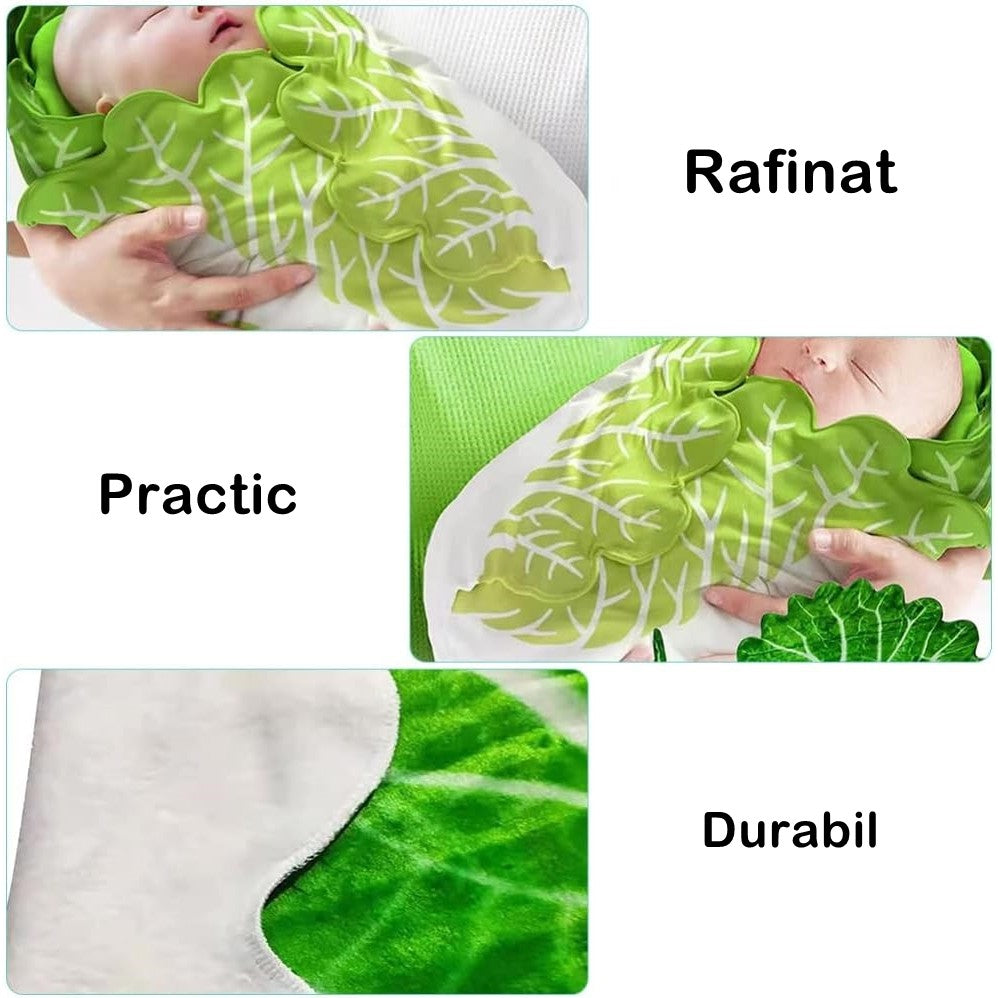 Set patura flanel si caciula Flippy, forma frunza de salata, pentru nou-nascuti, material poliester, 85 cm, verde-2