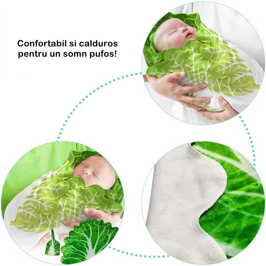 Set patura flanel si caciula Flippy, forma frunza de salata, pentru nou-nascuti, material poliester, 85 cm, verde-9