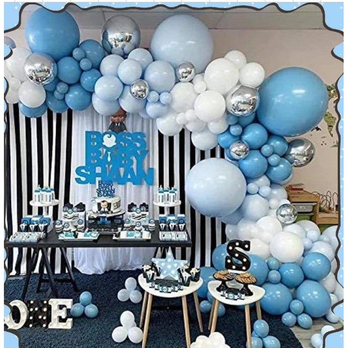 Set 156 Baloane din Latex, Flippy, Model Petrecere pentru Arcada, Baloane Party, 12 cm, 30 cm, 45 cm, Albastru, Bleu, Alb, Argitiu-0