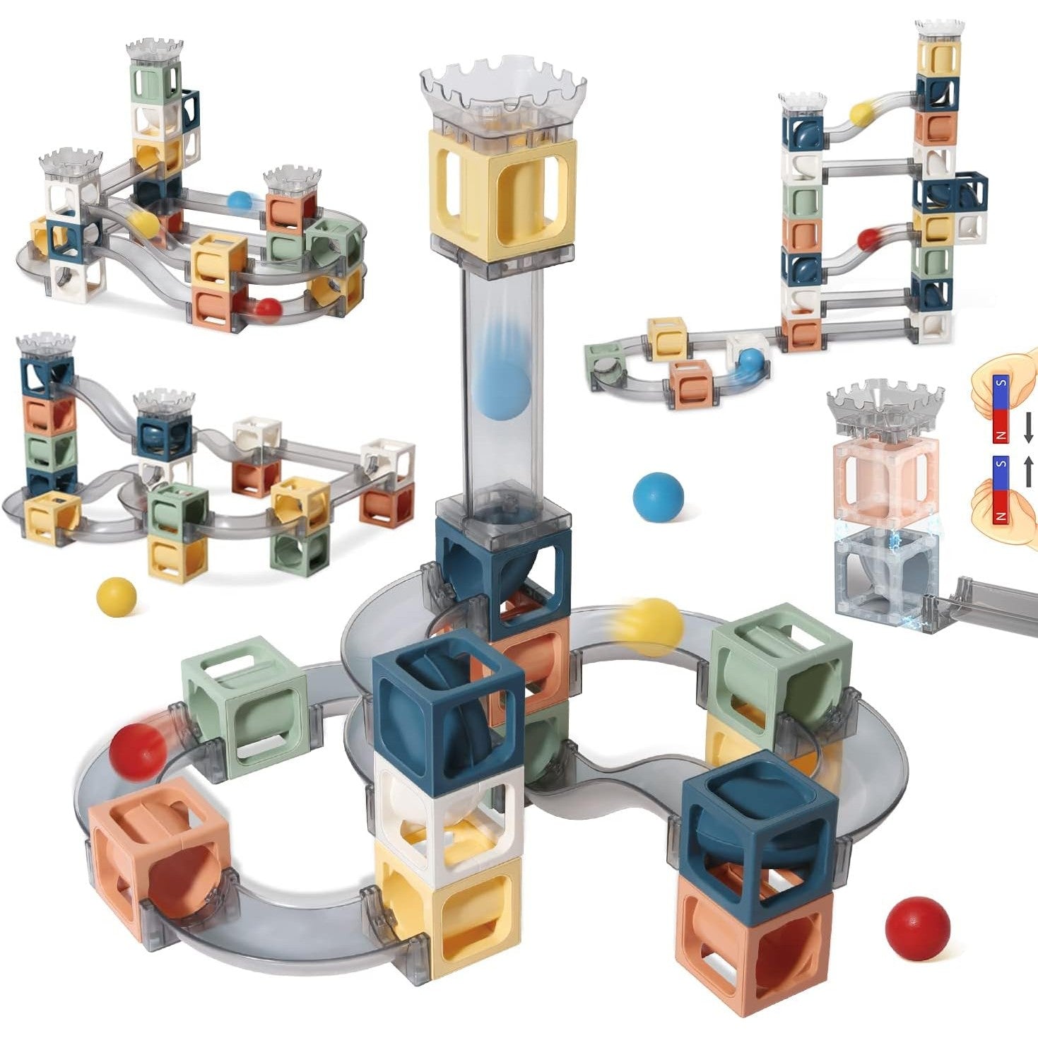 Set piese magnetice de constructie, Flippy, Cu tobogane si bile, 41 piese, Multicolor-0