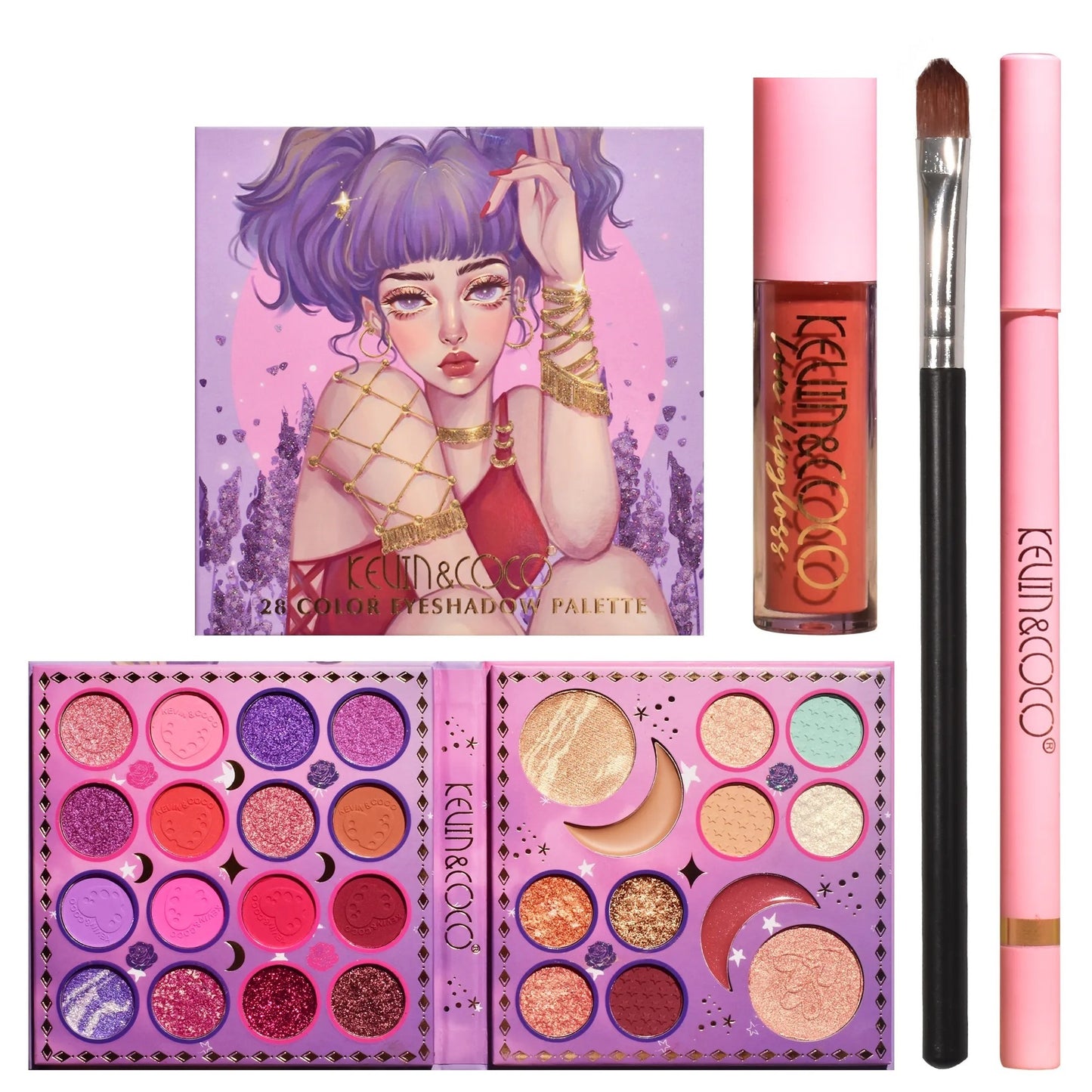Set Produse de Machiaj, Kevin & Coco, 28 Culori, Fard de Ochi, Ruj, Pensula si Creion, Varianta 2-3