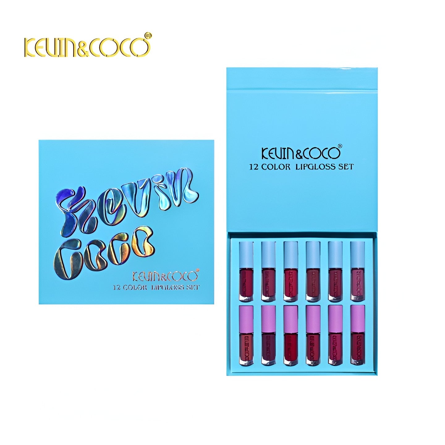 Set Rujuri de Buze, KEVIN & COCO, 12 Culori, 17x14.8x2.9 cm, Diferite Nuante, LipGloss, Albastru-3