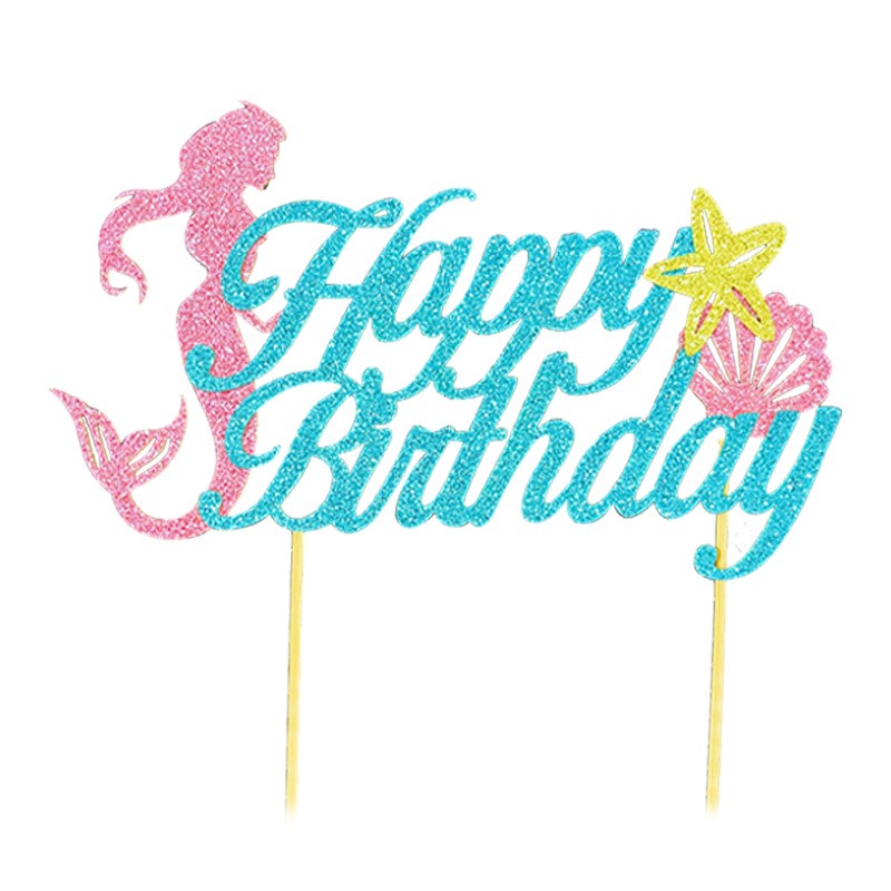 Set Toppere pentru Tort si Prajituri, Flippy, Tematica Sirena, Model Mare Scris Happy Birthday 16.5x8.2 cm, 6 Toppere Mici Model Marin 5x5 cm, Multicolor-3