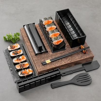 Set ustensile pentru facut sushi Flippy, 10 piese, forma inima inclus, 3 forme clasice, extensibil, finisaj lucios, material ABS, curatare usoara, negru-9