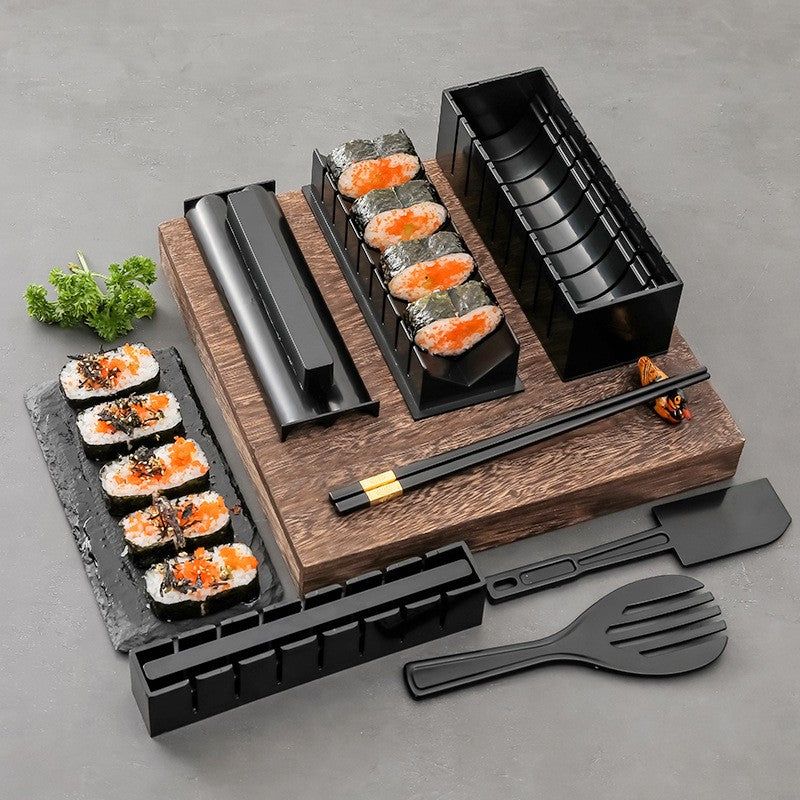 Set ustensile pentru facut sushi Flippy, 10 piese, forma inima inclus, 3 forme clasice, extensibil, finisaj lucios, material ABS, curatare usoara, negru-9