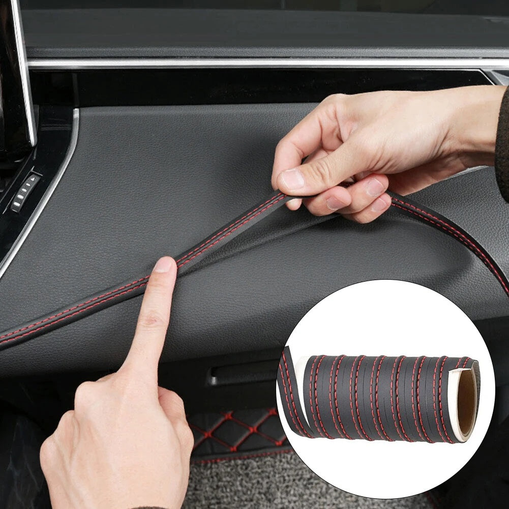 Banda decorativa pentru interiorul vehiculului, lungime 2m, din piele ecologica, culoare Neagra + cusatura Rosie-1