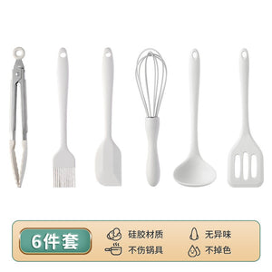 Set 6 Ustensile de Bucatarie, Flippy, din Silicon si Inox, Mini Spatula, Tel, Cleste, Perie pentru Ulei, Lingura de Supa, Paleta, Termorezistente, Antiaderente, Alb-0