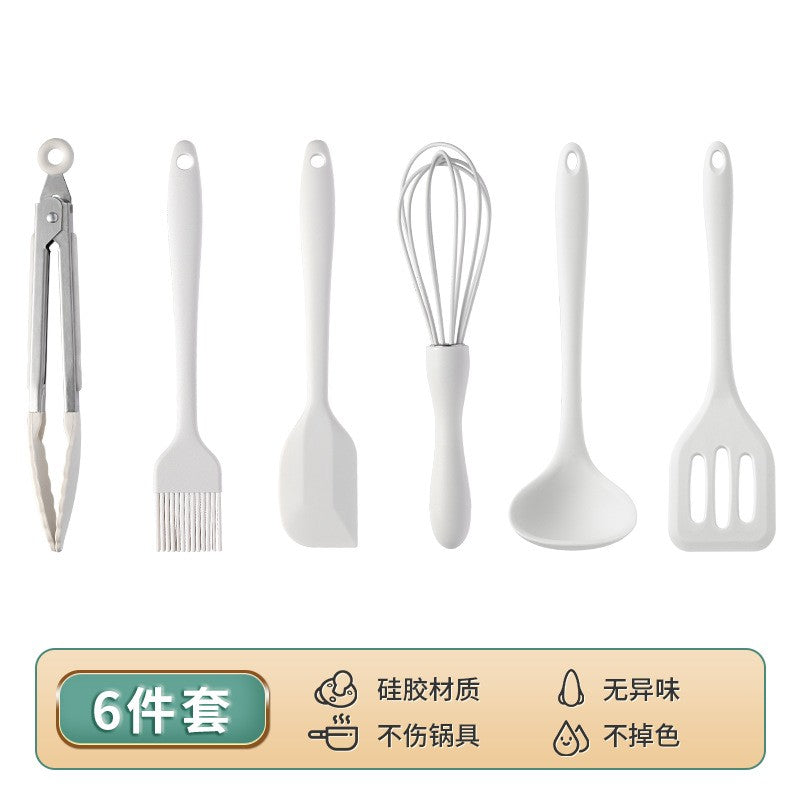 Set 6 Ustensile de Bucatarie, Flippy, din Silicon si Inox, Mini Spatula, Tel, Cleste, Perie pentru Ulei, Lingura de Supa, Paleta, Termorezistente, Antiaderente, Alb-0