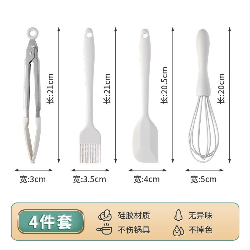 Set 4 Ustensile de Bucatarie, Flippy, din Silicon si Inox, Mini Spatula, Tel, Cleste, Perie pentru Ulei, Termorezistente, Antiaderente, Alb-0
