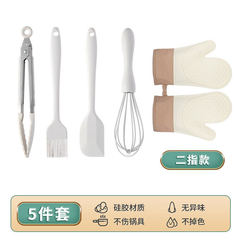 Set 5 Ustensile de Bucatarie, Flippy, din Silicon si Inox, Mini Spatula, Tel, Cleste, Perie pentru Ulei, Manusi, Termorezistente, Antiaderente, Alb-0