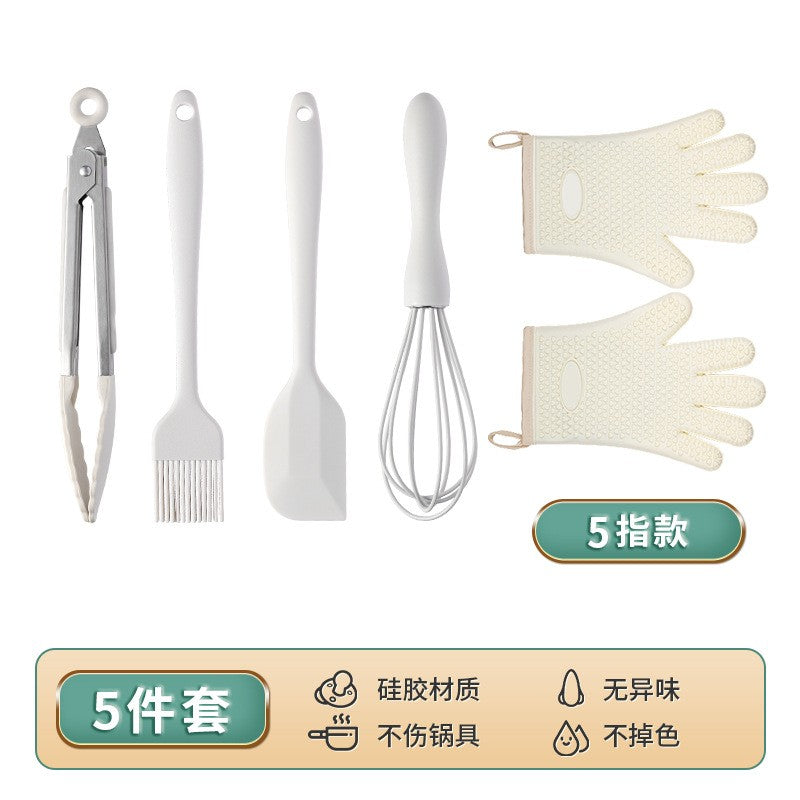 Set 5 Ustensile de Bucatarie, Flippy, din Silicon si Inox, Mini Spatula, Tel, Cleste, Perie pentru Ulei, Manusi crem, Termorezistente, Antiaderente, Alb-0