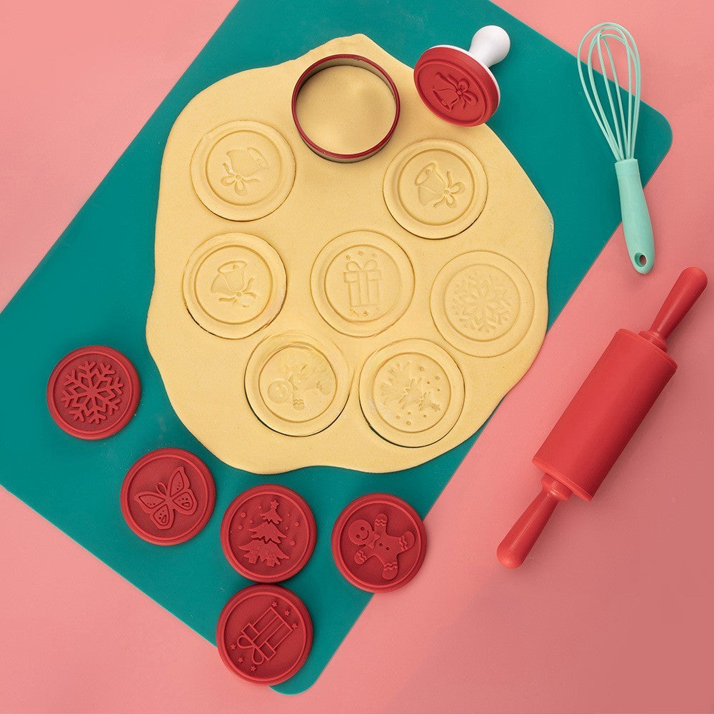 Set 6 stampile pentru prajituri Flippy, tematica de Craciun, din silicon alimentar non-toxic, taietor aluat inclus, 6 cm,  maner din plastic, compact, usor de depozitat,-2