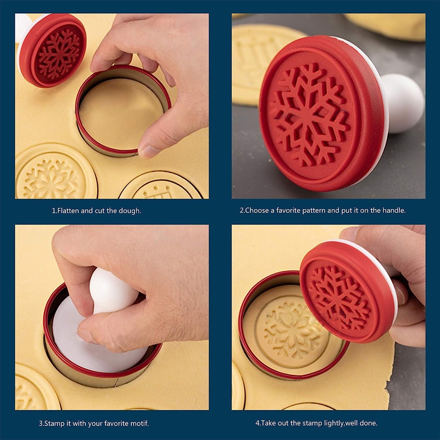 Set 6 stampile pentru prajituri Flippy, tematica de Craciun, din silicon alimentar non-toxic, taietor aluat inclus, 6 cm,  maner din plastic, compact, usor de depozitat,-4