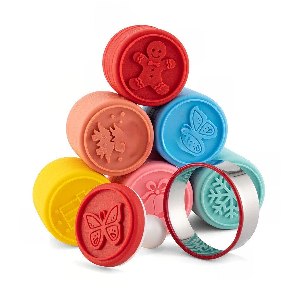 Set 6 stampile pentru prajituri Flippy, tematica de Craciun, din silicon alimentar non-toxic, taietor aluat inclus, 6 cm,  maner din plastic, compact, usor de depozitat,-0