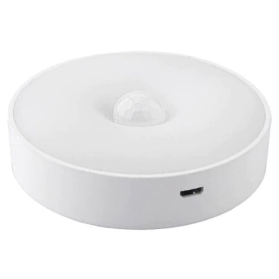 Lampa de Veghe LED, Flippy, cu Senzor de Miscare, Doua Tipuri de Lumina Alb Rece, Incarcare USB, Intrerupator On/Off/Auto, 0.6W, 300mAh, Design Rotund, Alb, 8.5x2.3 cm-0