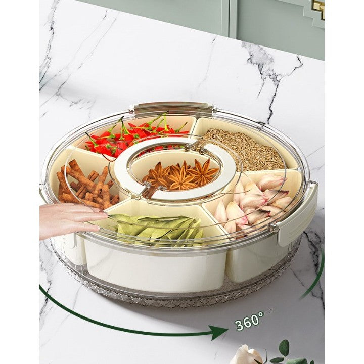 Cutie de Depozitare pentru Alimente, Flippy, cu 6 Compartimente, pentru Condimente, Fructe, Legume, cu Manere de Prindere, Rotativa 360 de Grade, Inchidere Ermetica, 32x8 cm, Alba-3