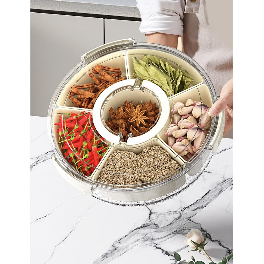 Cutie de Depozitare pentru Alimente, Flippy, cu 6 Compartimente, pentru Condimente, Fructe, Legume, cu Manere de Prindere, Rotativa 360 de Grade, Inchidere Ermetica, 32x8 cm, Alba-11