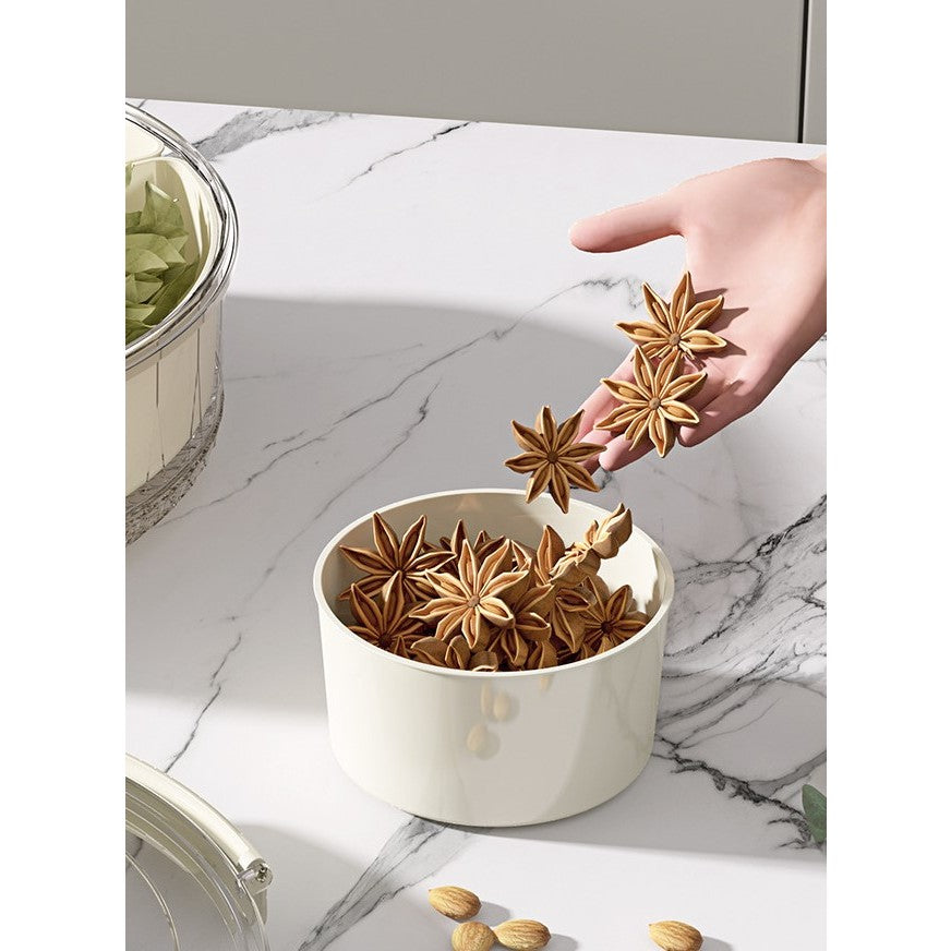 Cutie de Depozitare pentru Alimente, Flippy, cu 6 Compartimente, pentru Condimente, Fructe, Legume, cu Manere de Prindere, Rotativa 360 de Grade, Inchidere Ermetica, 32x8 cm, Alba-14