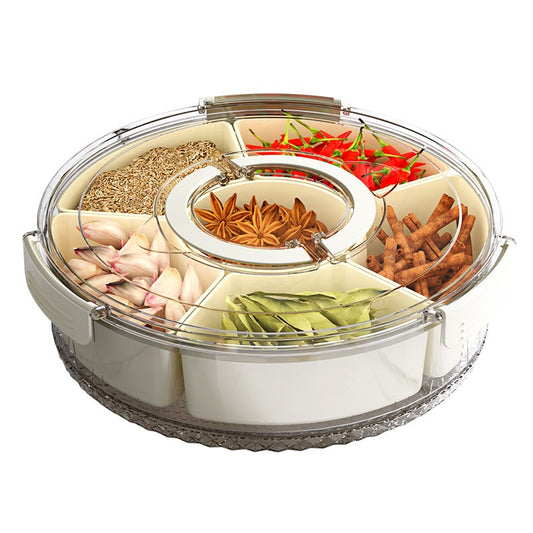 Cutie de Depozitare pentru Alimente, Flippy, cu 6 Compartimente, pentru Condimente, Fructe, Legume, cu Manere de Prindere, Rotativa 360 de Grade, Inchidere Ermetica, 32x8 cm, Alba-0