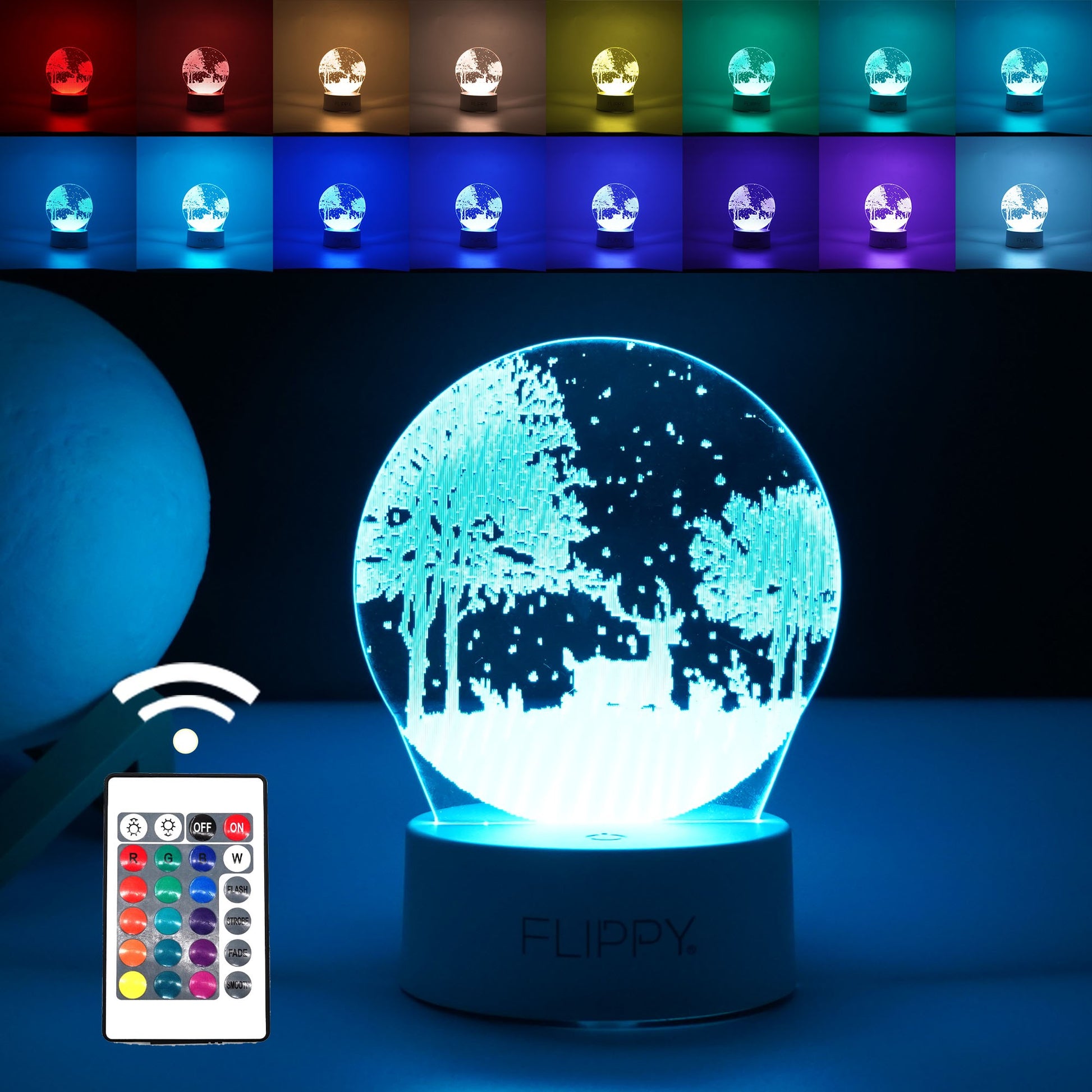 Lampa LED decorativa, Flippy, 3D, Peisaj de iarna, cu telecomanda, doua moduri de alimentare USB si baterii, 20 cm inaltime, din material acril si lumina multicolora, alb-0