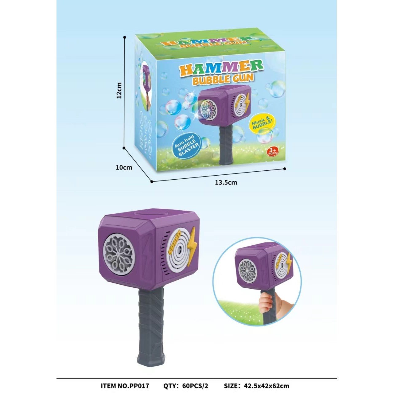 Jucarie Interactiva pentru Baloane de Sapun, Flippy, Sunete si Lumini, Model Ciocan, cu 8 Orificii, Mov-0