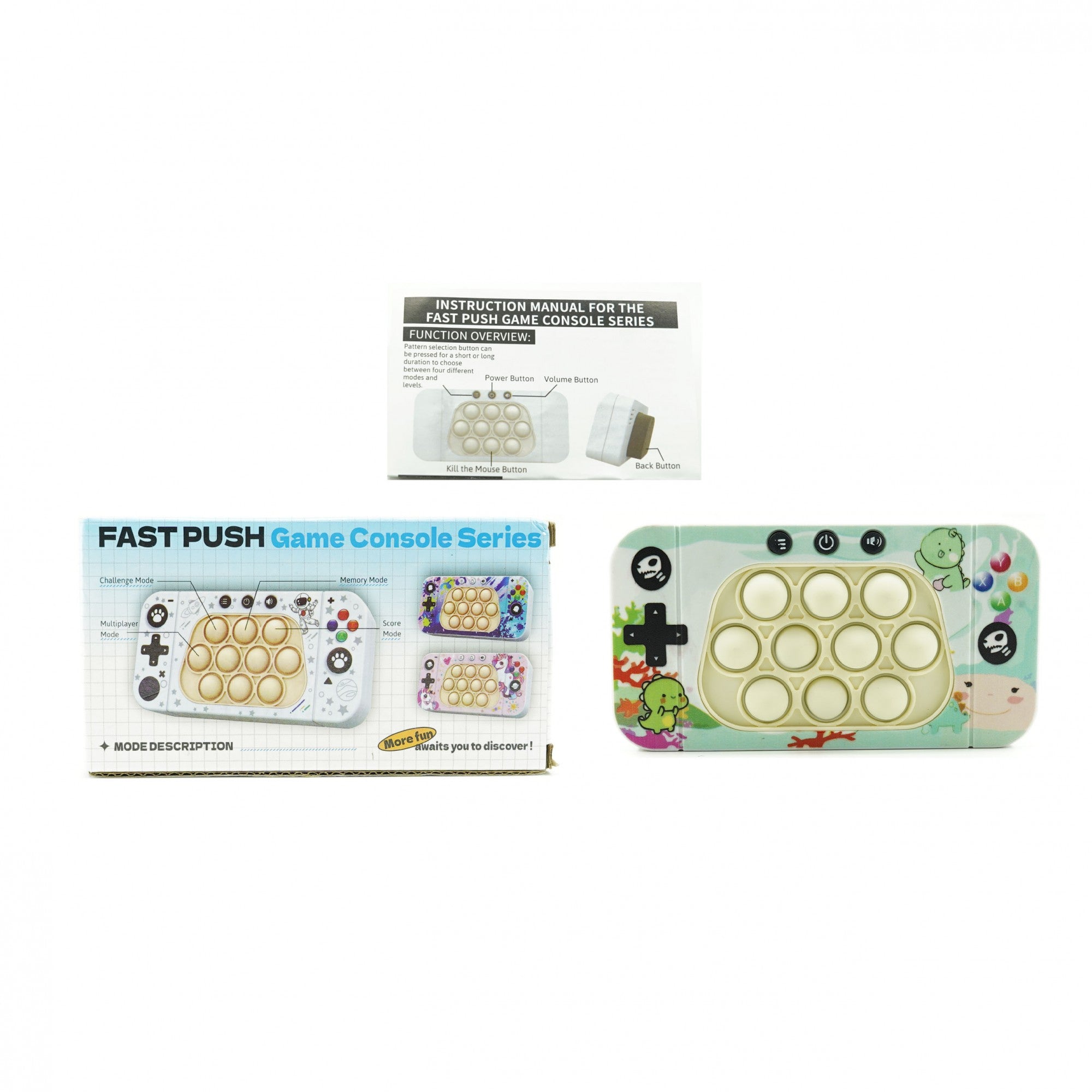 Jucarie interactiva tip consola pentru copii Flippy, speed push whack-a-mole, joc de viteza pop it, material ABS/silicon, cu nivele, sunete si lumini, 15.5 x 7.6 x 5.3 cm, model dinozaur, verde-1
