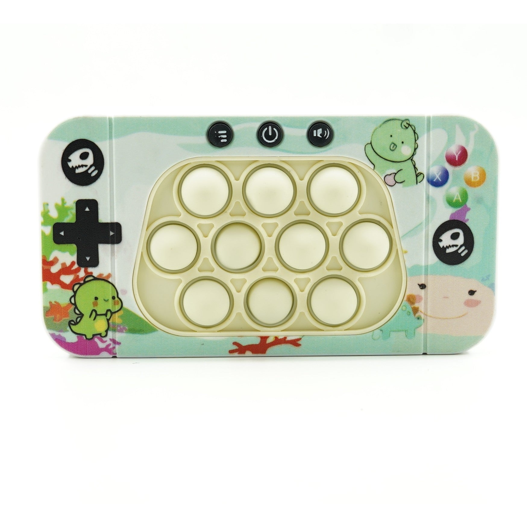 Jucarie interactiva tip consola pentru copii Flippy, speed push whack-a-mole, joc de viteza pop it, material ABS/silicon, cu nivele, sunete si lumini, 15.5 x 7.6 x 5.3 cm, model dinozaur, verde-0