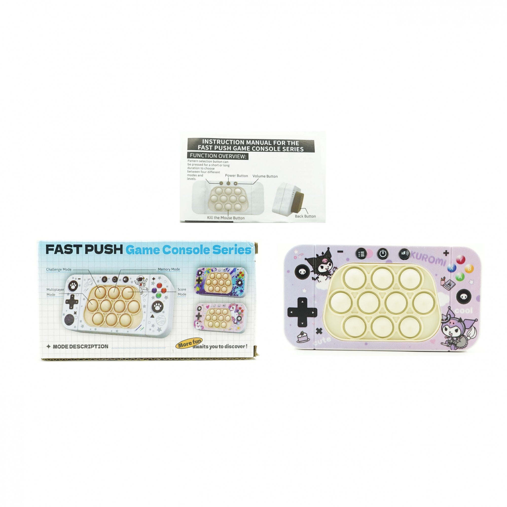 Jucarie interactiva tip consola pentru copii Flippy, speed push whack-a-mole, joc de viteza pop it, material ABS/silicon, cu nivele, sunete si lumini, 15.5 x 7.6 x 5.3 cm, model elfi, mov-1