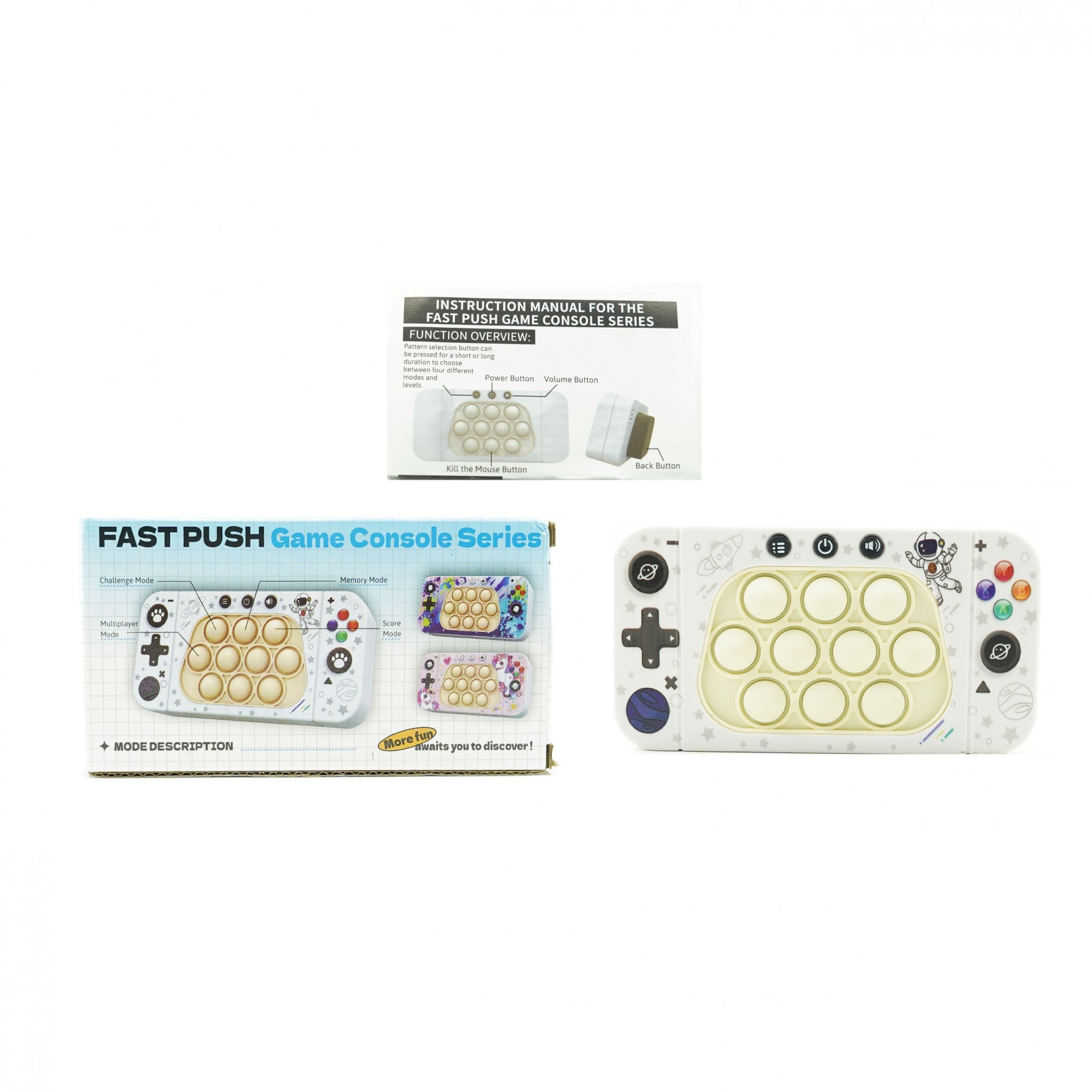 Jucarie interactiva tip consola pentru copii Flippy, speed push whack-a-mole, joc de viteza pop it, material ABS/silicon, cu nivele, sunete si lumini, 15.5 x 7.6 x 5.3 cm, model astronaut, alb-1