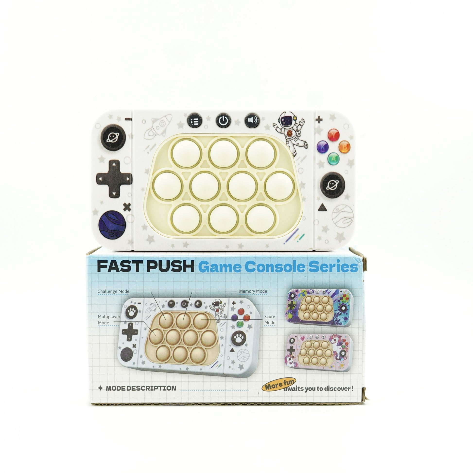 Jucarie interactiva tip consola pentru copii Flippy, speed push whack-a-mole, joc de viteza pop it, material ABS/silicon, cu nivele, sunete si lumini, 15.5 x 7.6 x 5.3 cm, model astronaut, alb-2