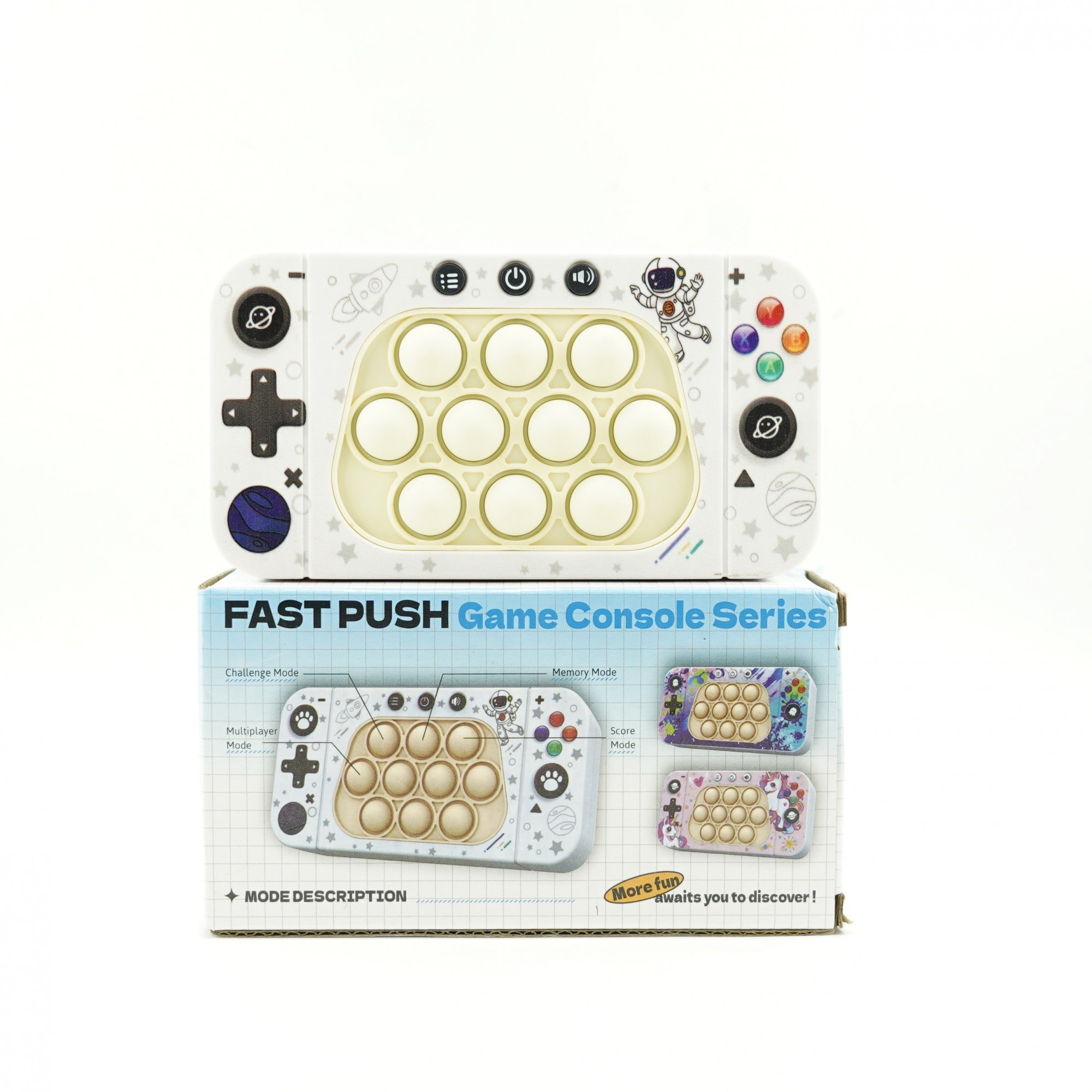 Jucarie interactiva tip consola pentru copii Flippy, speed push whack-a-mole, joc de viteza pop it, material ABS/silicon, cu nivele, sunete si lumini, 15.5 x 7.6 x 5.3 cm, model astronaut, alb-2