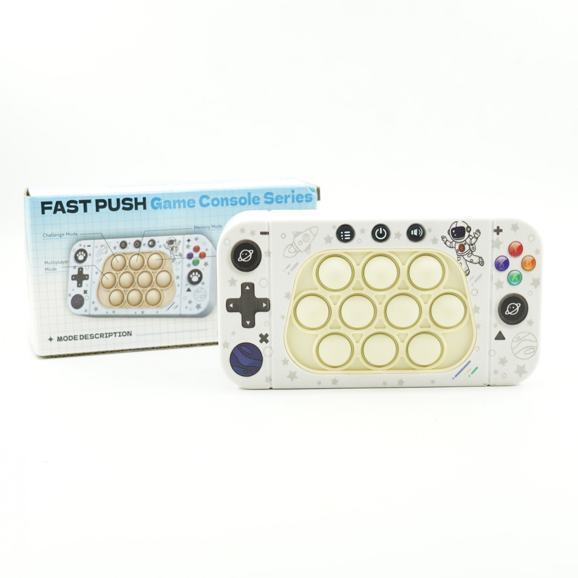 Jucarie interactiva tip consola pentru copii Flippy, speed push whack-a-mole, joc de viteza pop it, material ABS/silicon, cu nivele, sunete si lumini, 15.5 x 7.6 x 5.3 cm, model astronaut, alb-3