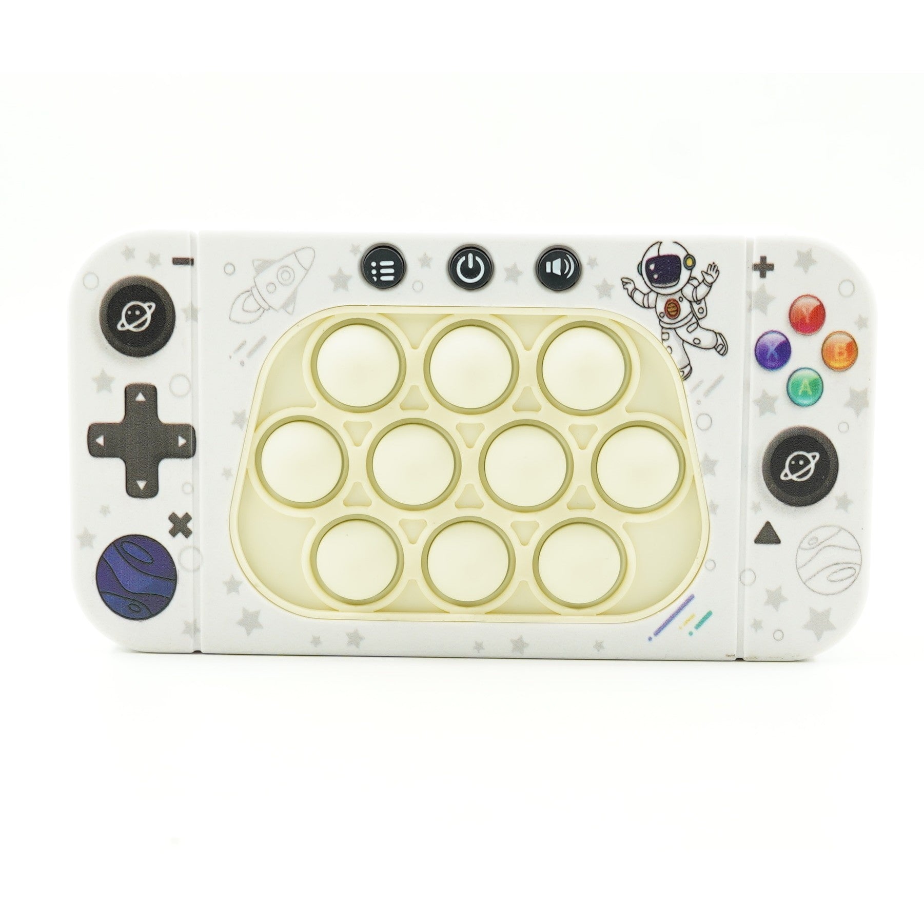 Jucarie interactiva tip consola pentru copii Flippy, speed push whack-a-mole, joc de viteza pop it, material ABS/silicon, cu nivele, sunete si lumini, 15.5 x 7.6 x 5.3 cm, model astronaut, alb-0