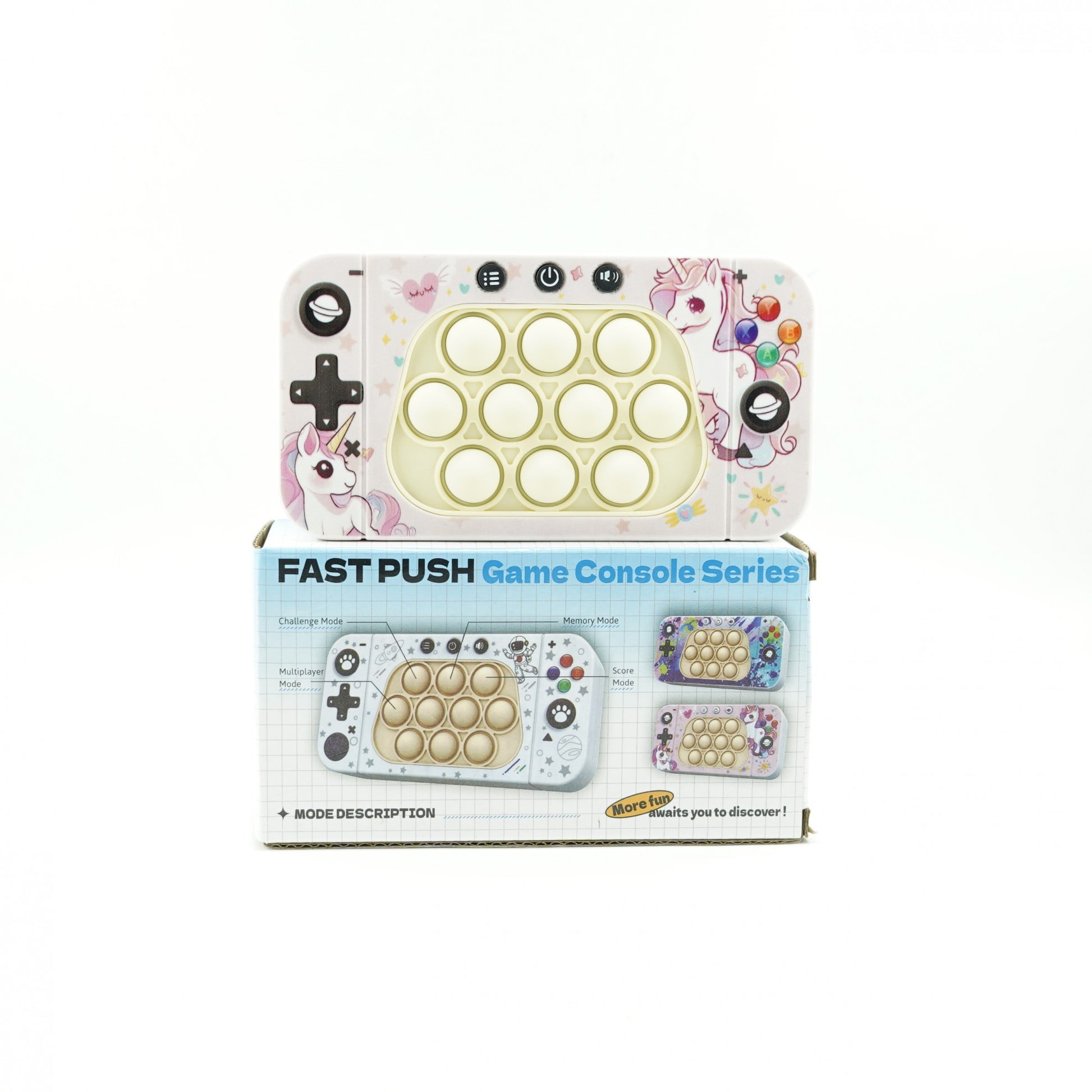 Jucarie interactiva tip consola pentru copii Flippy, speed push whack-a-mole, joc de viteza pop it, material ABS/silicon, cu nivele, sunete si lumini, 15.5 x 7.6 x 5.3 cm, model unicorn, roz-2