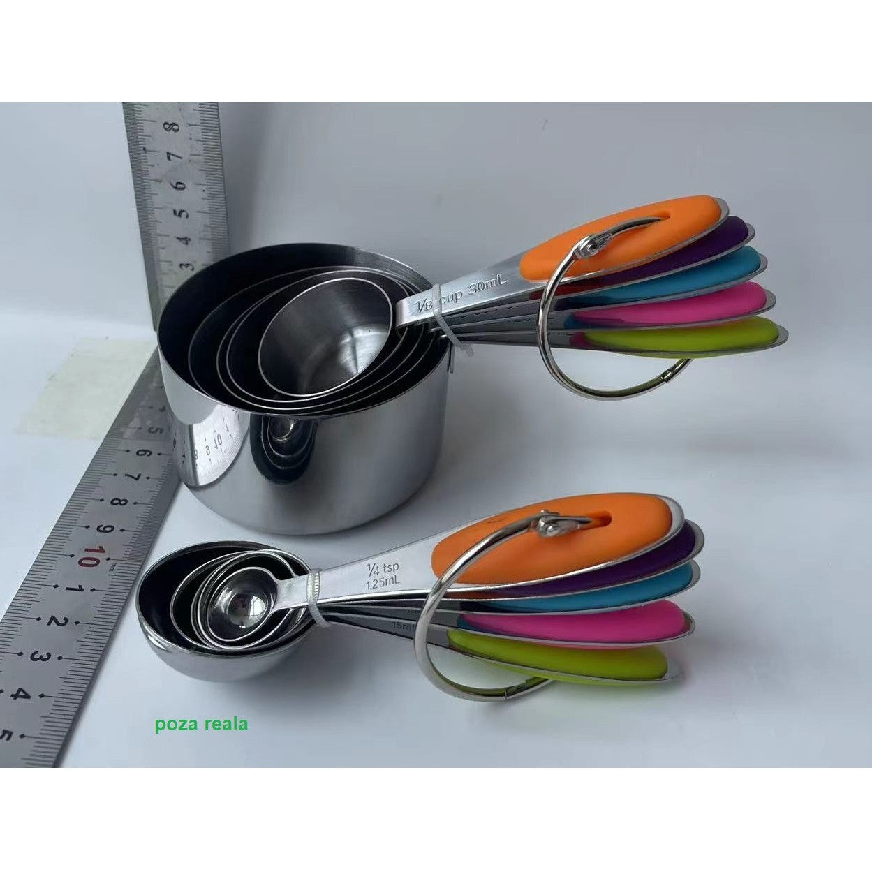 Set 10 Piese de Masurare, Flippy, 5 Linguri Gradate + 5 Cesti Gradate, Otel Inoxidabil + Silicon, 19 x 8 x 9 cm, Multicolor-1