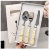 Set Tacamuri, Flippy, 3 Piese, Lingura Furculita Cutit, Stil Italian, Manere Plastic, Inox, Auriu-0
