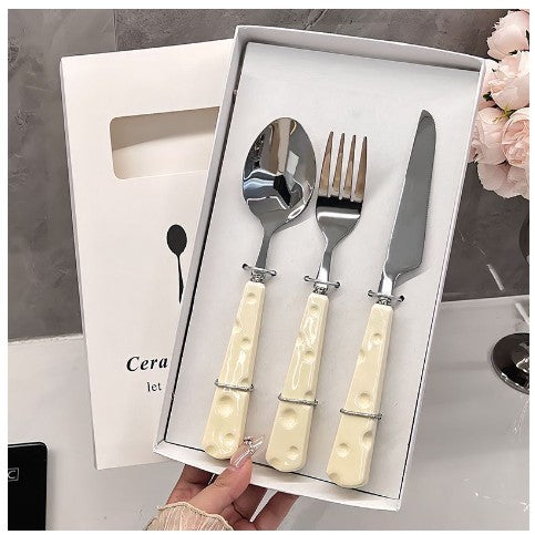 Set Tacamuri, Flippy, 3 Piese, Lingura Furculita Cutit, Stil Italian, Manere Plastic, Inox, Auriu-0