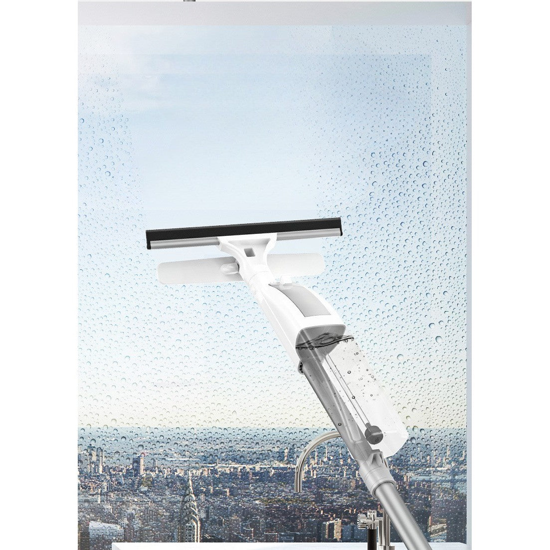 Stergator de Geamuri Flippy, cu Doua Fete, Tija Telescopica, cu Recipient de Lichid, Laveta din Microfibra, Racleta Silicon, 120 cm, Alb-3