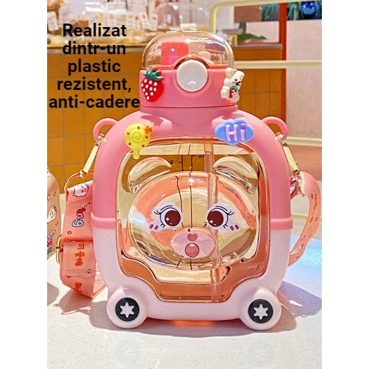 Sticla cu pai pentru copii, Flippy, model ursulet, gradata, stickere aplicate, curea reglabila, din plastic rezistent la cadere, 1l, Roz, 20 x 13 cm-5