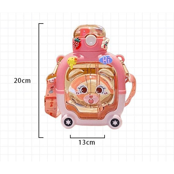 Sticla cu pai pentru copii, Flippy, model ursulet, gradata, stickere aplicate, curea reglabila, din plastic rezistent la cadere, 1l, Roz, 20 x 13 cm-4