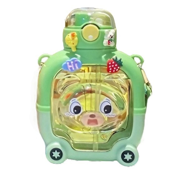 Sticla cu pai pentru copii, Flippy, model ursulet, gradata, stickere aplicate, curea reglabila, din plastic rezistent la cadere, 1l, Verde, 20 x 13 cm-0