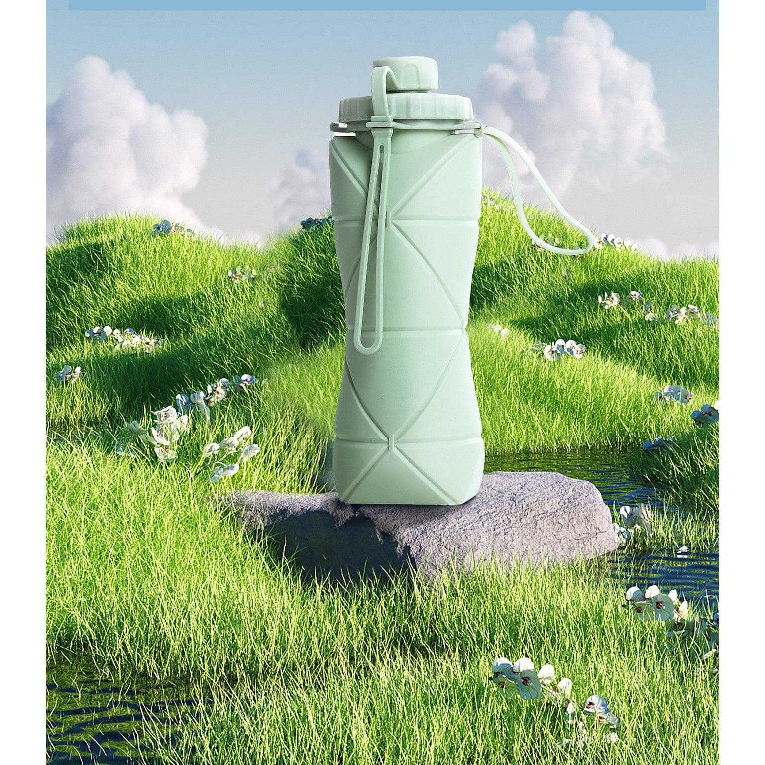 Sticla de apa pliabila Flippy, din silicon,reutilizabila, rezistenta la temepreturi ridiate, usor de depozitat si carat, 22 x 7.8 cm, 600 ml, verde-7