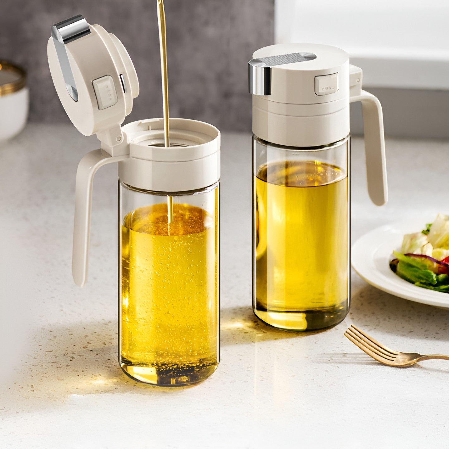 Dispenser pentru Ulei, Flippy, Deschidere si Inchidere Automata a Rezervorul, cu Inductie Gravitationala, 550 ml, 12x7.6x20.5 cm, Alb-10