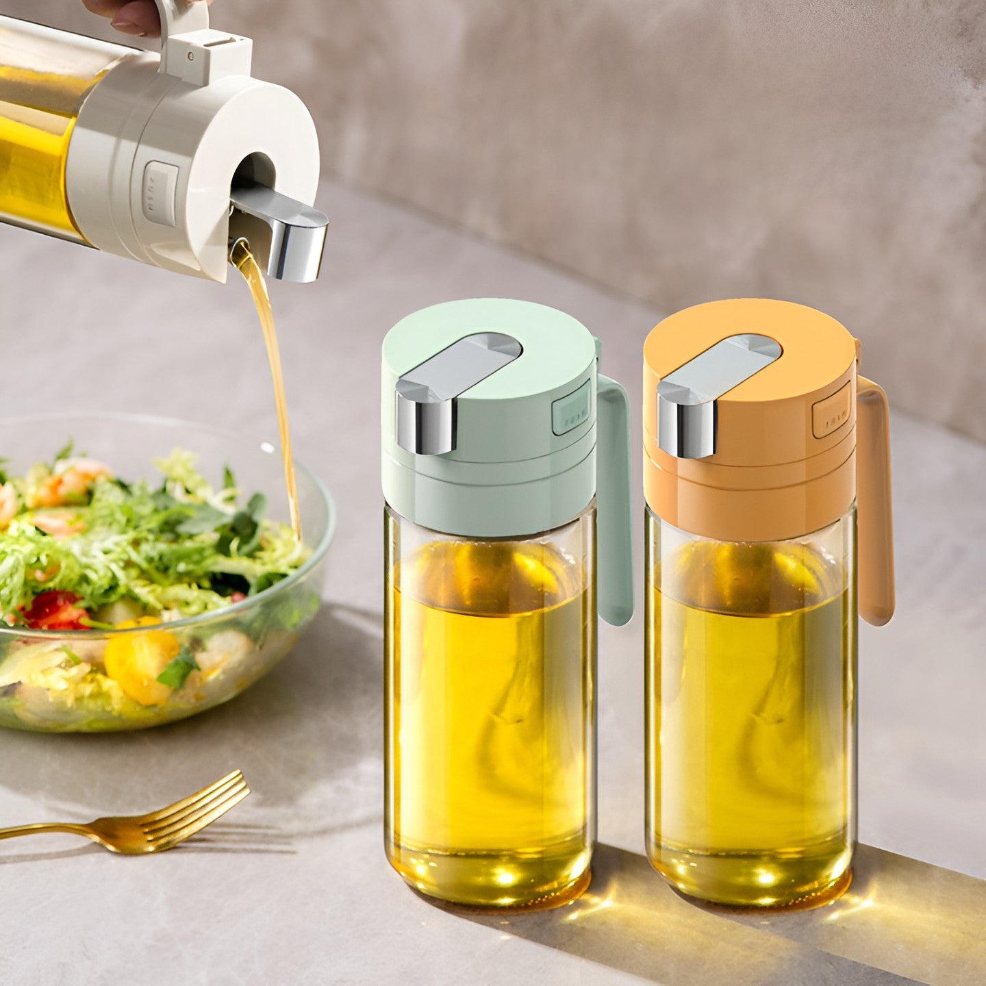 Dispenser pentru Ulei, Flippy, Deschidere si Inchidere Automata a Rezervorul, cu Inductie Gravitationala, 550 ml, 12x7.6x20.5 cm, Galben-1