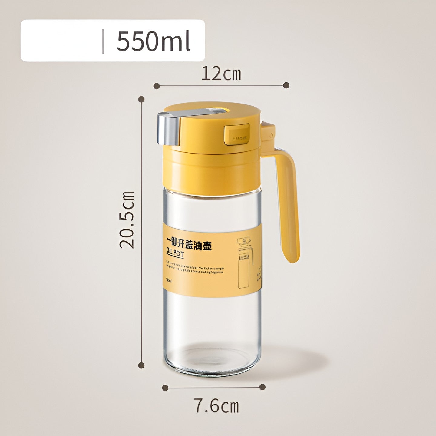 Dispenser pentru Ulei, Flippy, Deschidere si Inchidere Automata a Rezervorul, cu Inductie Gravitationala, 550 ml, 12x7.6x20.5 cm, Galben-2
