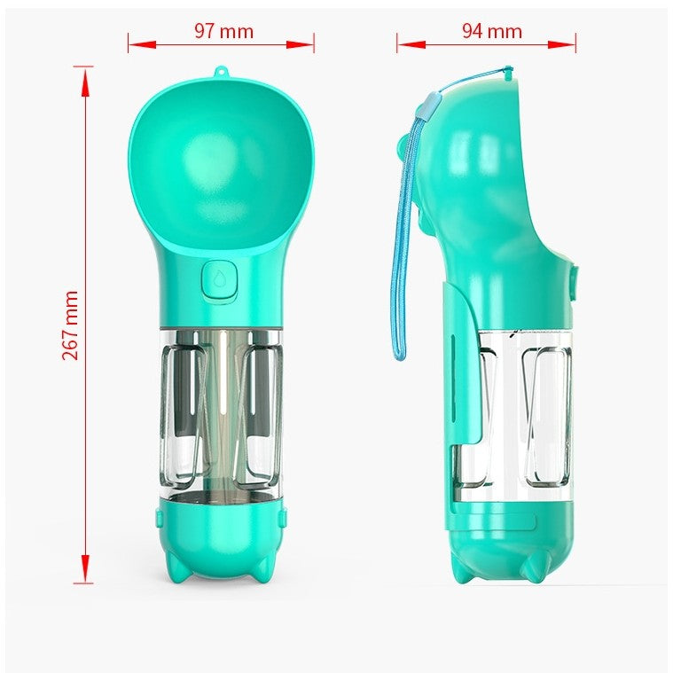 Sticla portabila 4 in 1 Flippy, pentru caini si pisici, cu 3 compartimente + lopetica, 300ml, apa, hrana, pungi igienice, lopetica, 26.7 x 9.7 x 9.4 cm, turcoaz-7
