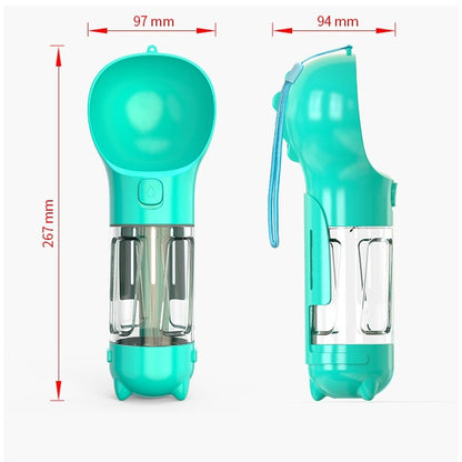 Sticla portabila 4 in 1 Flippy, pentru caini si pisici, cu 3 compartimente + lopetica, 300ml, apa, hrana, pungi igienice, lopetica, 26.7 x 9.7 x 9.4 cm, turcoaz-7