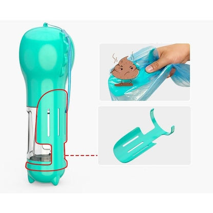 Sticla portabila 4 in 1 Flippy, pentru caini si pisici, cu 3 compartimente + lopetica, 300ml, apa, hrana, pungi igienice, lopetica, 26.7 x 9.7 x 9.4 cm, turcoaz-9